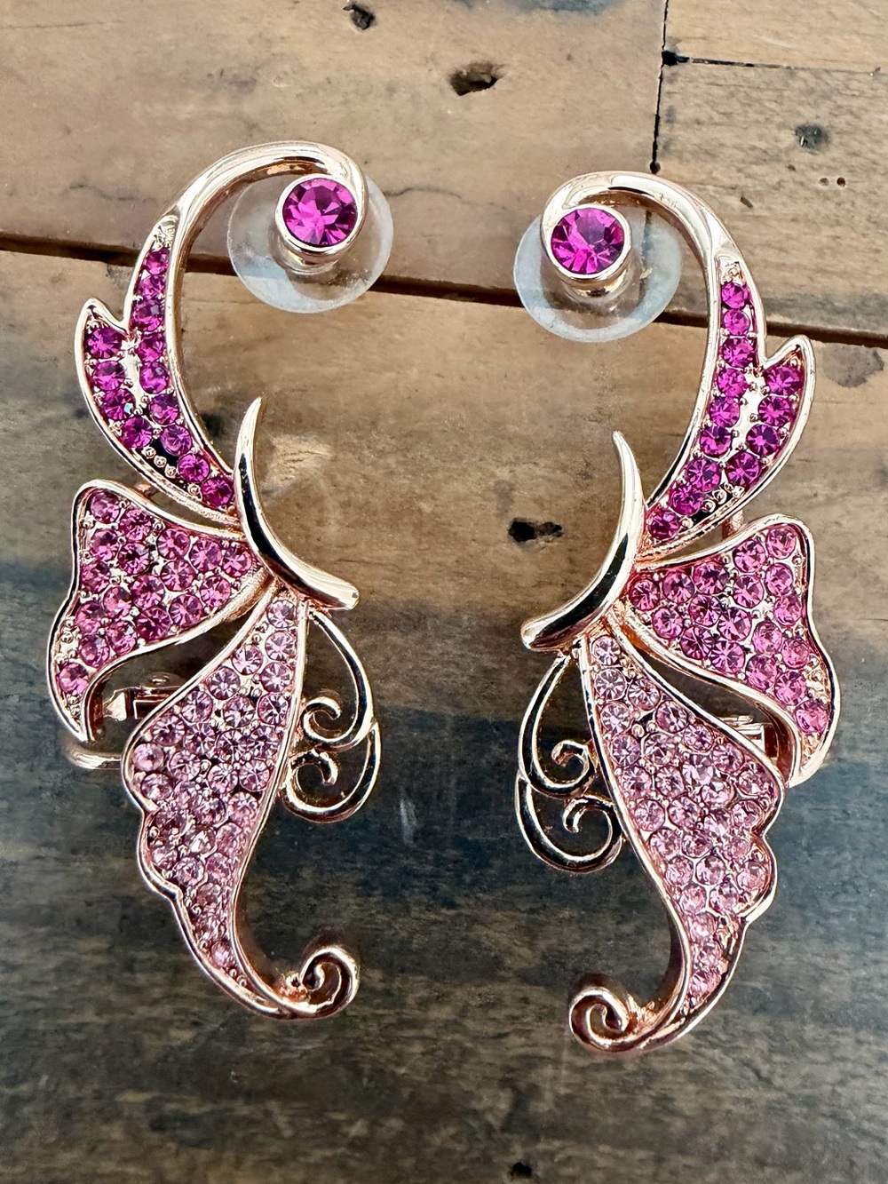 GOLD CRYSTAL BUTTERFLY WING ELF WAR CUFFS  PINK/MAGENTA RHINESTONE WRAP EARRING